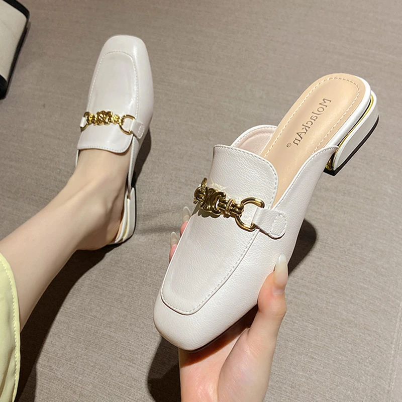 广州女鞋真皮法式包头半拖鞋女夏外穿凉拖鞋年新款网红百搭粗跟穆