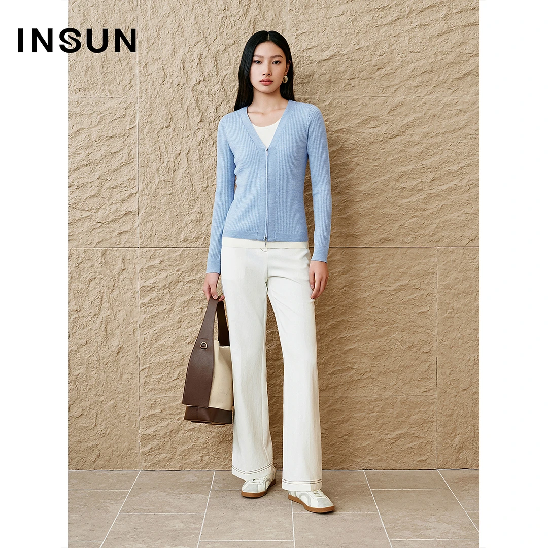 INSUN恩裳专选2025秋季假两件双头拉链修身羊毛衫