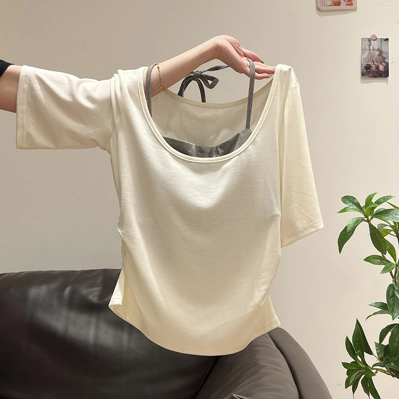 纯欲大U领露锁骨短袖女2026夏带胸垫挂脖吊带背心松弛感上衣