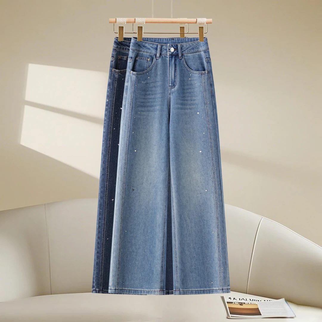 早秋镶钻直筒牛仔裤2025新款水洗显瘦裤子蓝色高腰复古窄版阔腿裤
