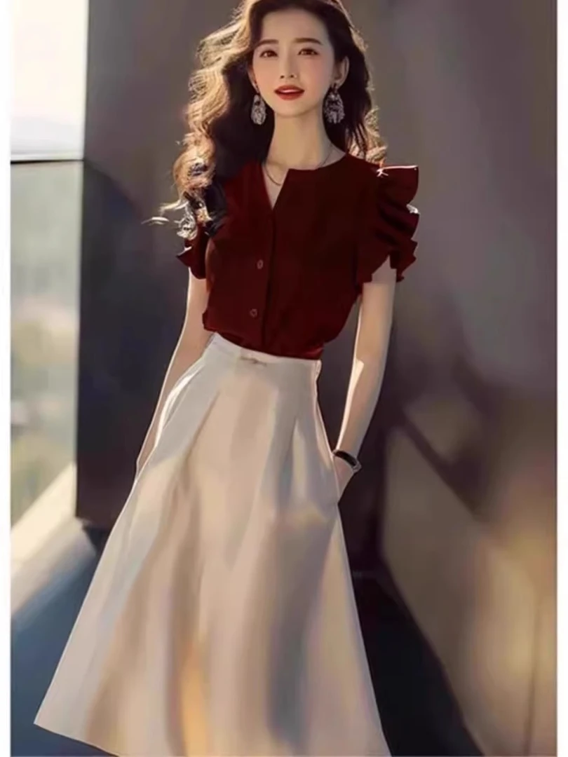 今年流行漂亮两件套装高端精致高级感端庄大气小飞袖衬衫连衣裙女