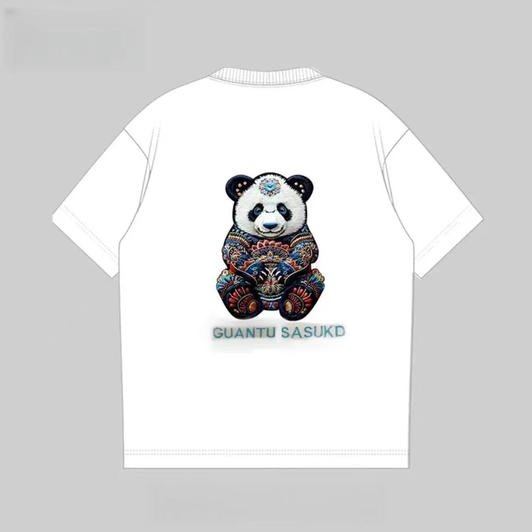 319欧货2025潮牌刺绣七彩老花熊猫短袖T恤男女同款情侣半袖
