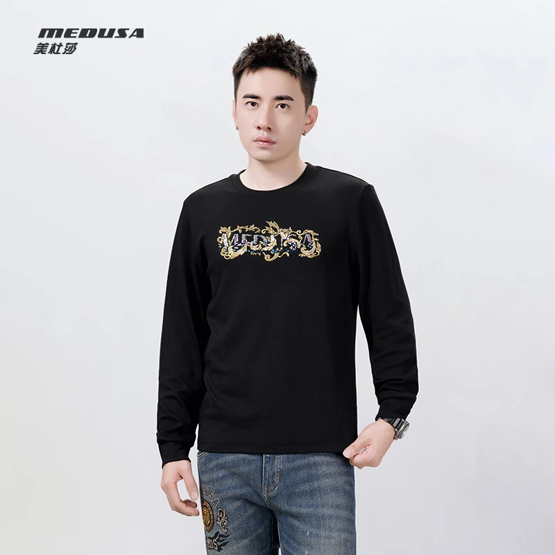 MeduSa/美杜莎卫衣男秋冬新款男士刺绣烫钻长袖上衣打底衫23160