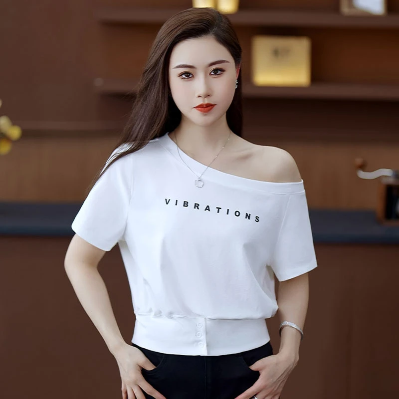 拉夏贝尔纯欲显瘦字母印花露肩T恤上衣女独特别致设计感流行短袖