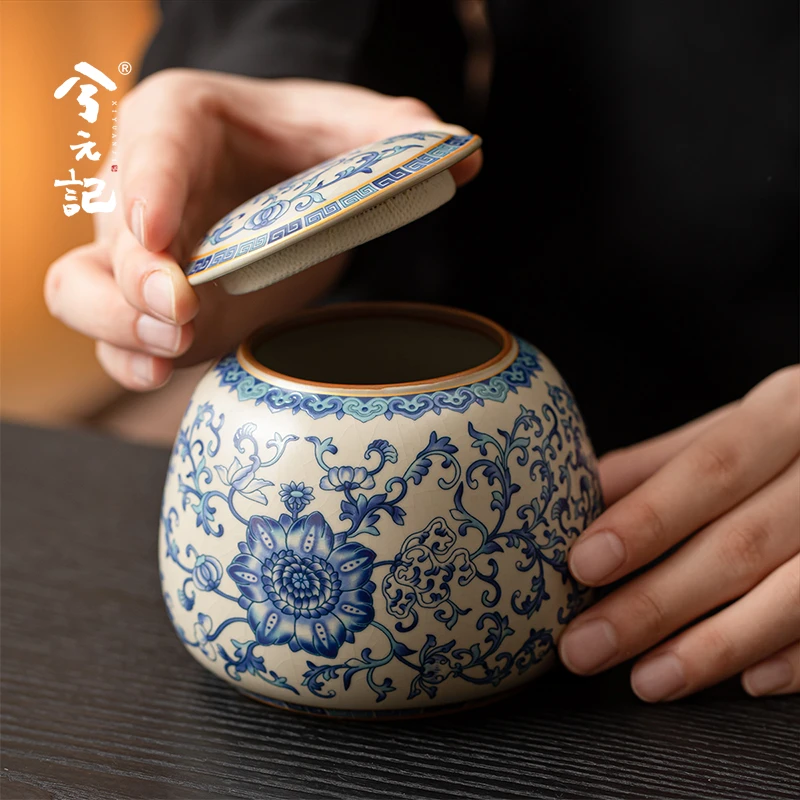 兮元记青花汝窑茶叶罐家用防潮防尘密封储存罐陶瓷小号便携茶罐