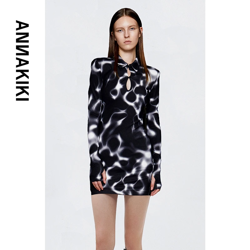 ANNAKIKI 星光倒影印花镂空垫肩连衣裙3B10828115A