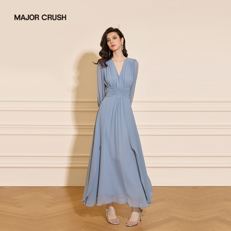 MAJOR CRUSH裙子冬款优雅时尚显瘦蓝色收腰连衣裙显瘦6678
