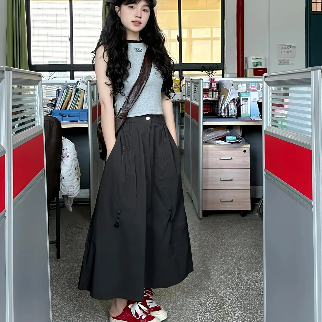 美式工装半身裙女夏季薄款胖mm大码梨型身材显瘦a字中长款伞裙子