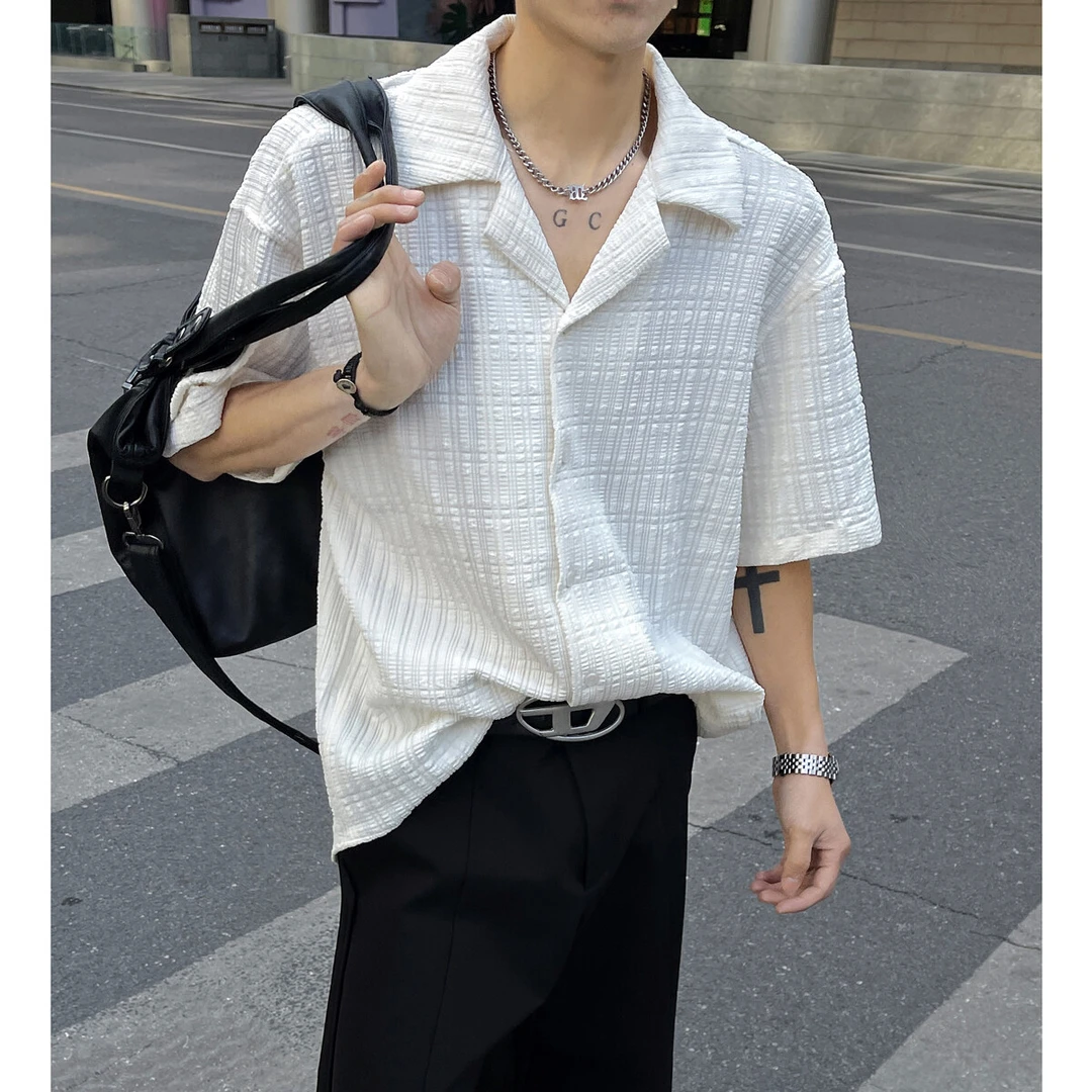 古巴领冰丝短袖衬衫男夏季cleanfit肌理感提花五分袖宽松透气衬衣