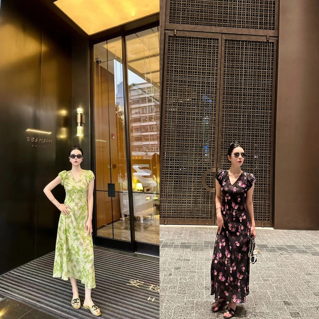 DL乐乐家【拉奈海岛】夏季新款V领印花显瘦桑蚕丝连衣裙