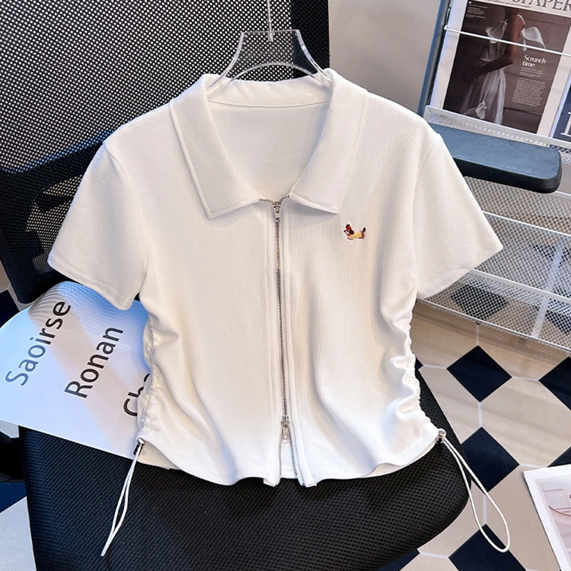 气质POLO领短袖t恤女装夏装2025新款设计感抽绳别致拉链短款上衣