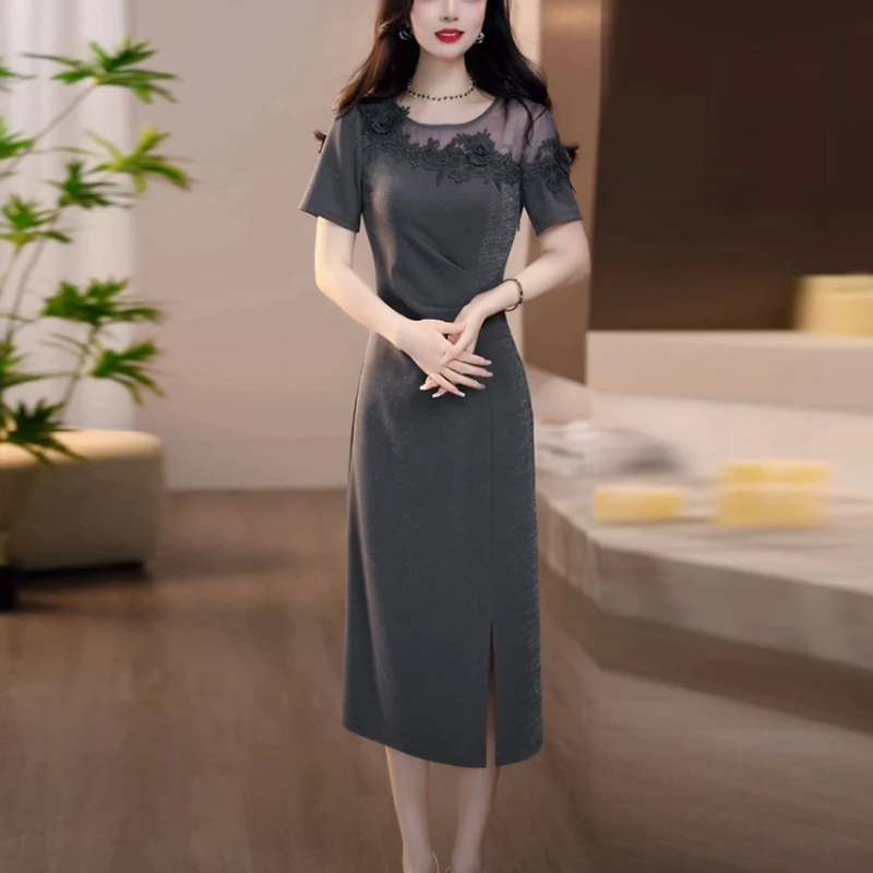 星空软精纺名媛高贵女装2025夏季新款修身显瘦灰色高级感连衣裙子