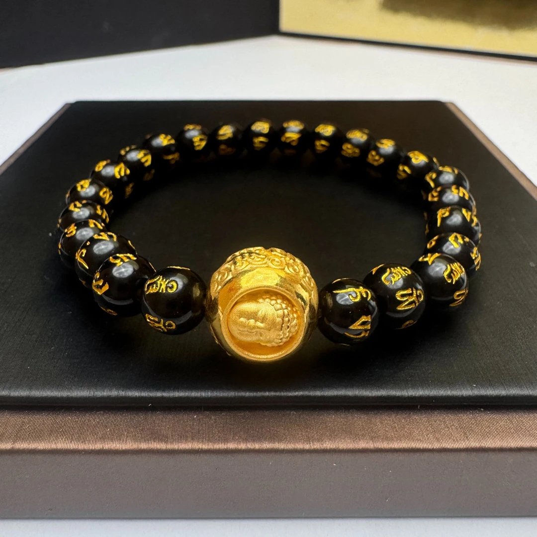足金999 黄金双面佛头镶嵌黑曜石六字箴言手串转运珠男士