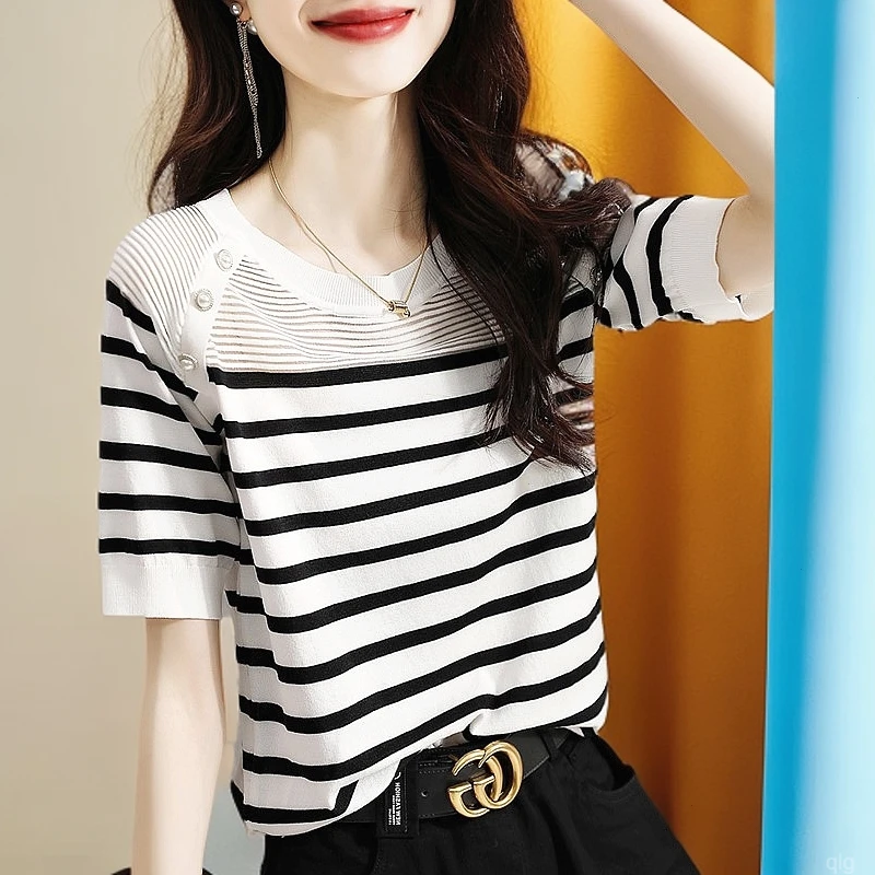 韩版撞色条纹针织衫女夏季新款气质显瘦减龄小衫显圆领冰丝上衣潮