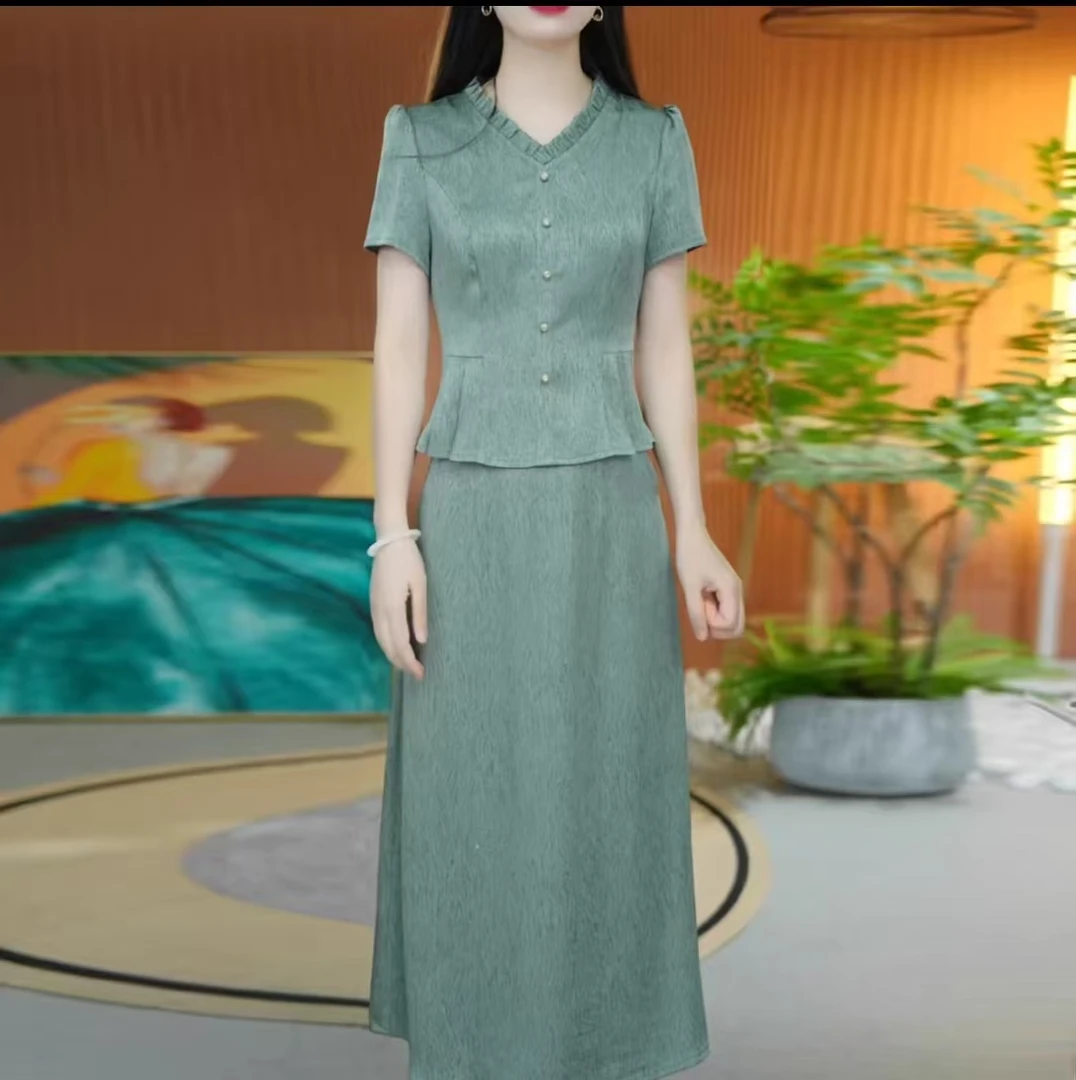 T589  新中式提花短袖两件套连衣裙新款女士纯色上衣＋半身裙套装