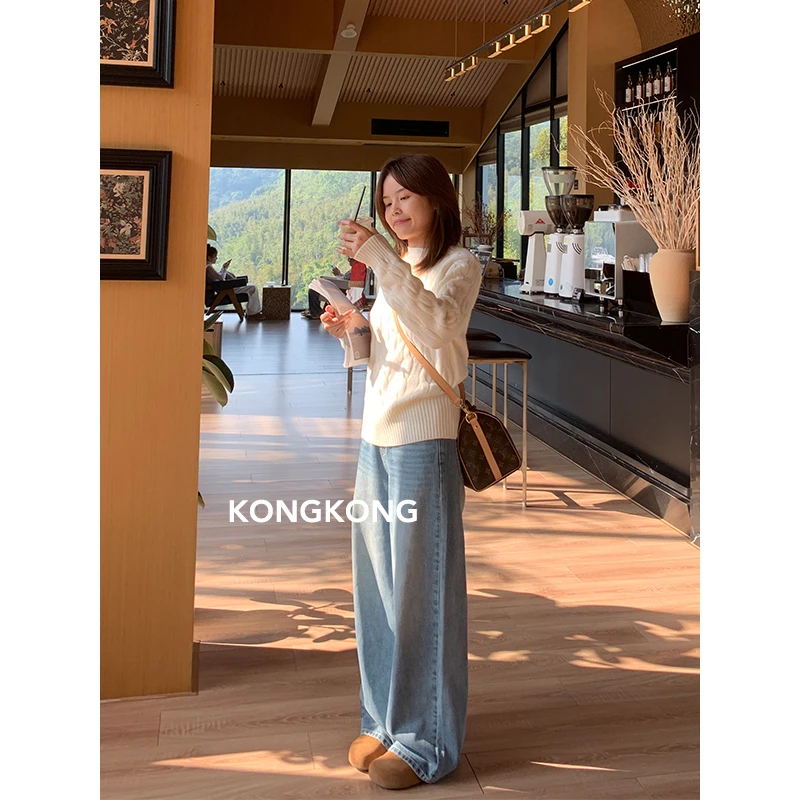 李空空【初雪】浅蓝色加绒加厚牛仔裤女2025新款直筒裤显瘦百搭