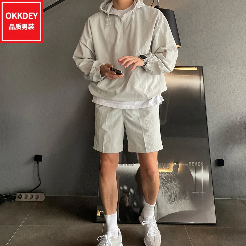 夏季新款休闲运动防晒套装男士痞帅连帽速干外套短裤高级感两件套