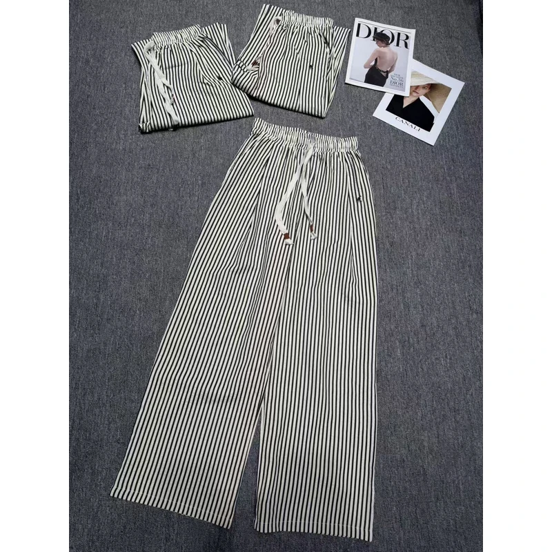 【王百万推荐】黑白竖条纹裤子女设计感薄款高腰慵懒风阔腿裤-2292