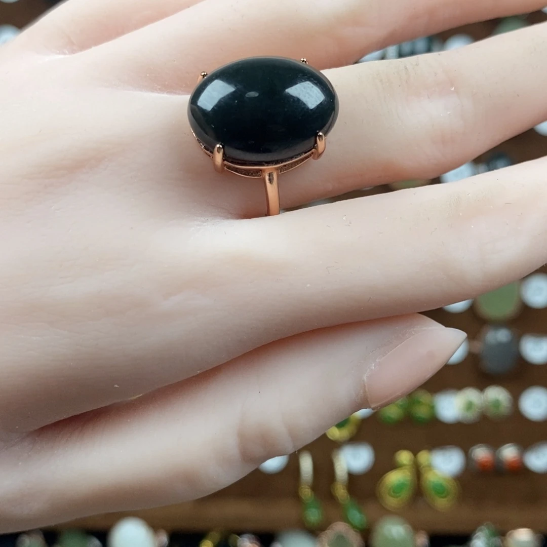 和田玉（青玉）戒指银S925镀金镶嵌