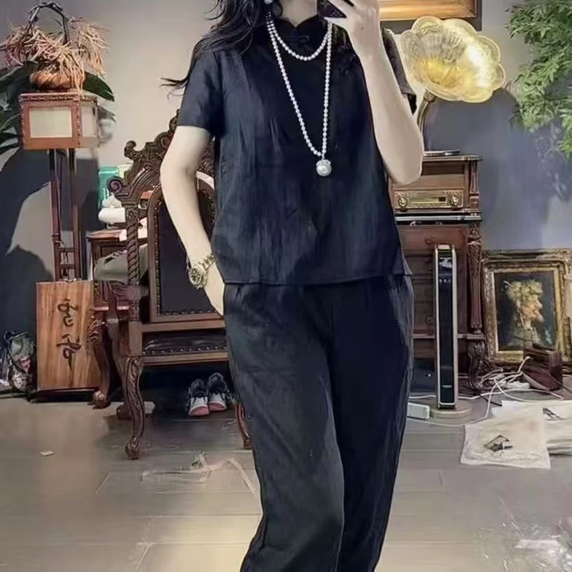 时尚2025新中式立领盘扣气质上衣裤子高级感两件套