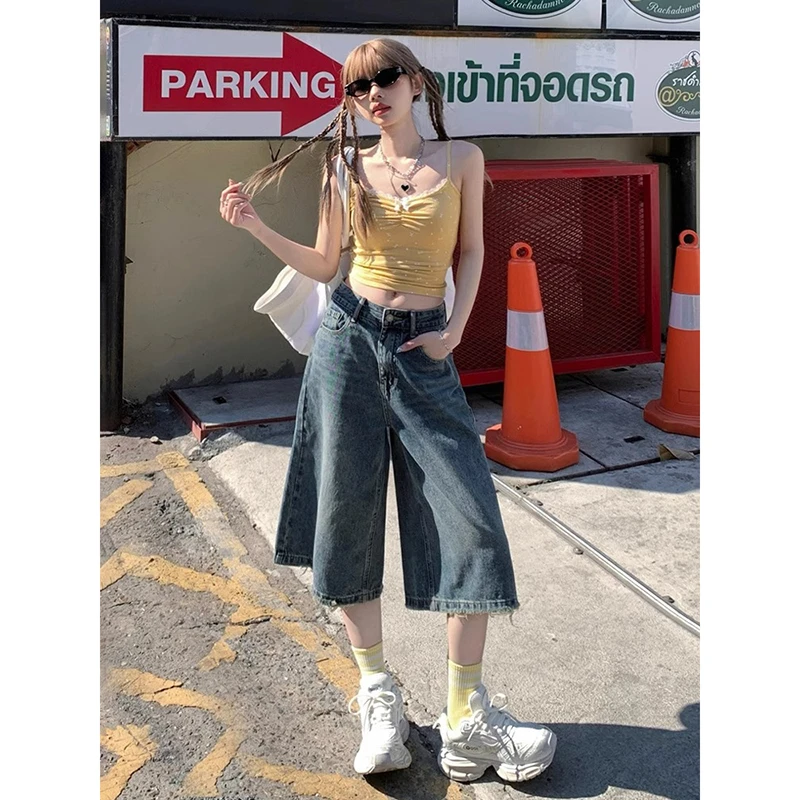 NORNLGGER 美式复古七分裤女夏季新款高街直筒百搭阔腿牛仔短裤