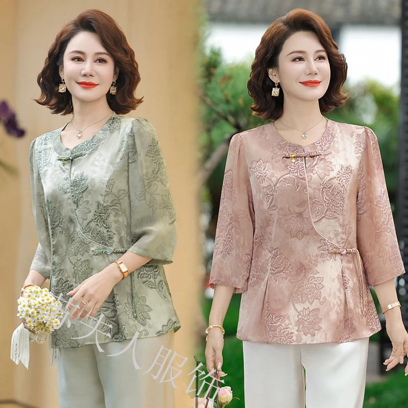 时尚中年妈妈夏装中袖新中式T恤上衣中老年女装夏季洋气高贵小衫