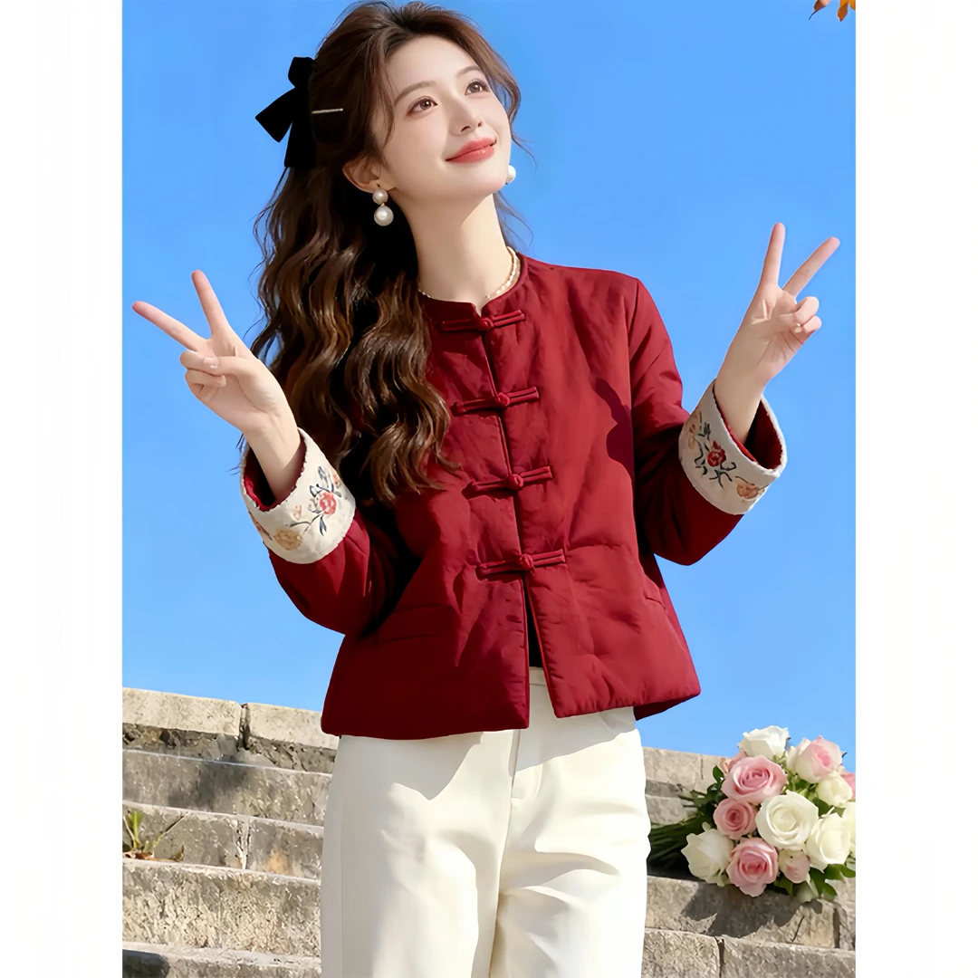 新中式国风盘扣棉服加厚女2025复古风立领新款复古刺绣袖口外套