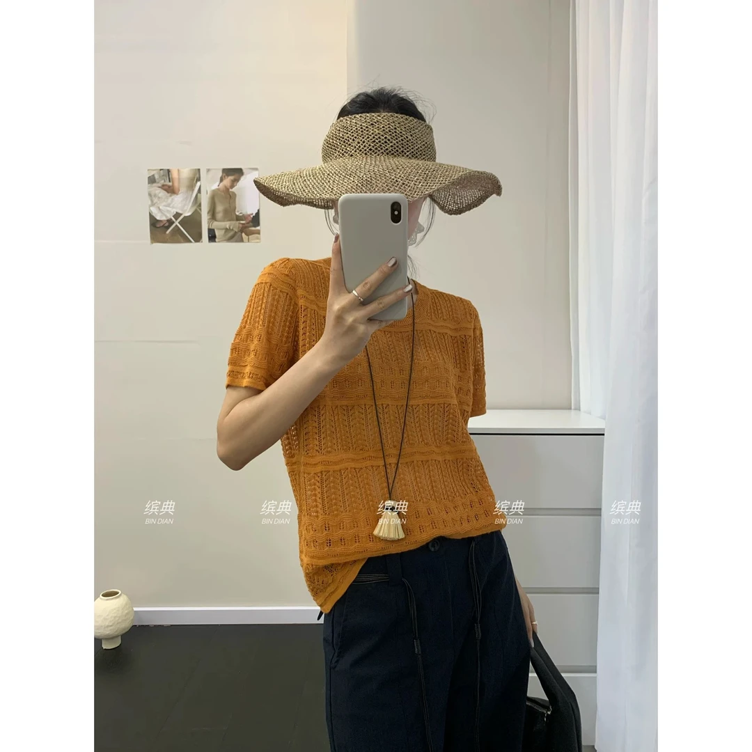 F30#冰丝亚麻镂空短袖针织衫经典纯色花边圆领洋气小衫女上衣