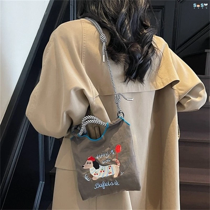 日系刺绣购物袋可爱小狗手拎包牛津布袋尼龙斜挎带便携手提单肩包