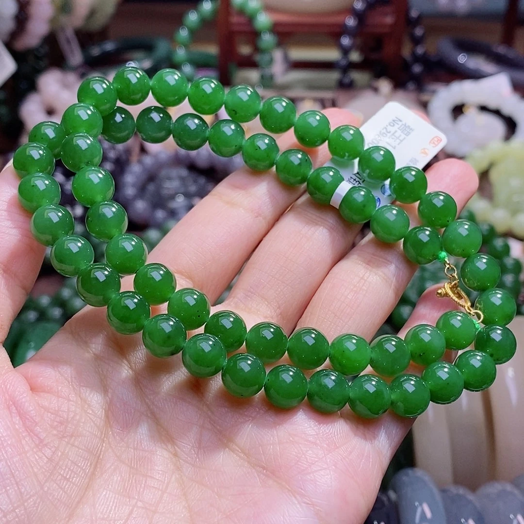和田玉未镶嵌颈饰精品碧玉辣绿妈妈项链8m