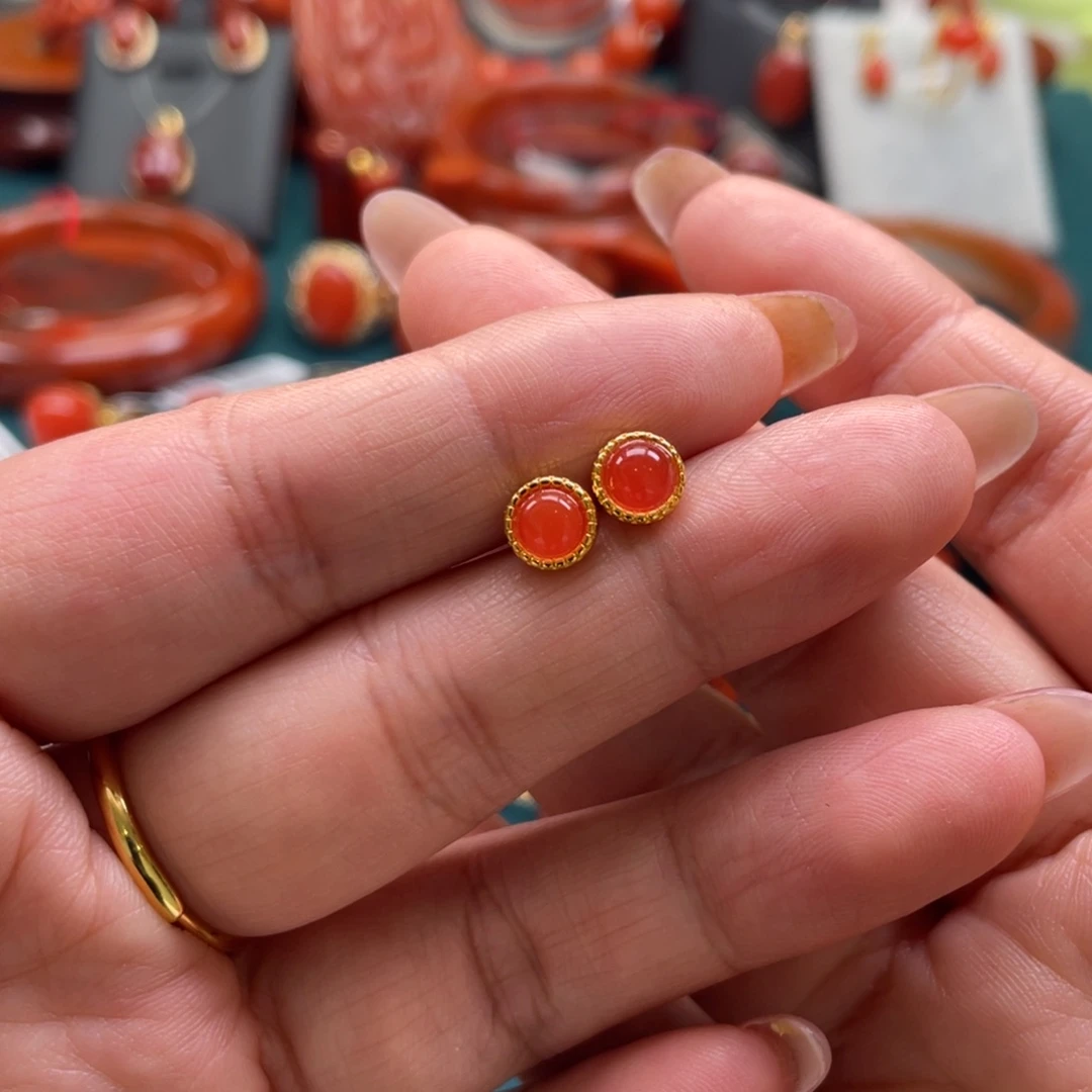 南红玛瑙银S925镶嵌开播福利川料保山南红冰红耳钉