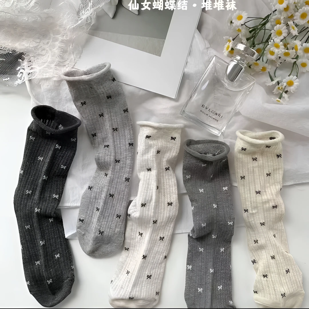 5/10双 春夏款冷灰系蝴蝶结堆堆袜