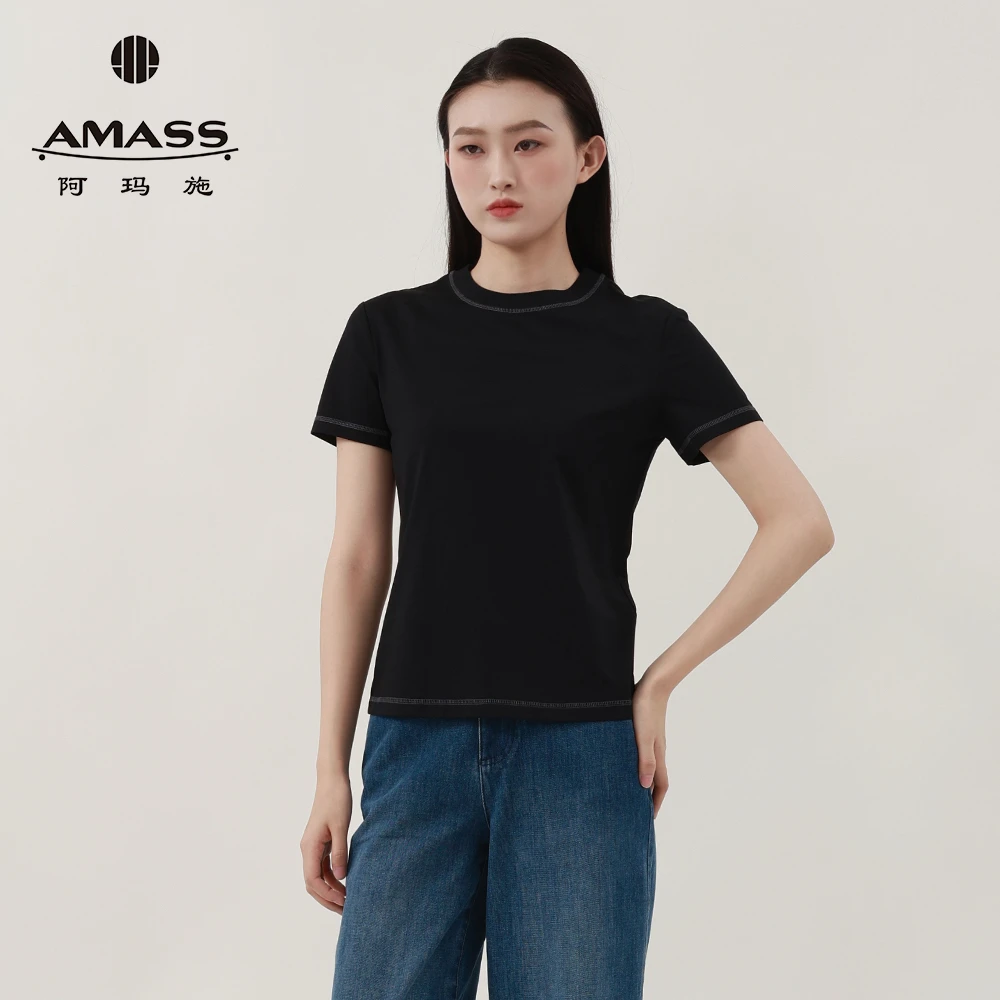 阿玛施AMASS新款女装休闲简约素面百搭基础款短袖圆领T恤5301025