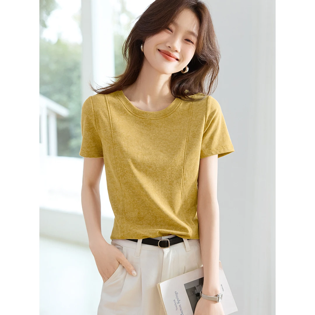 沫晗依美圆领短款扎染弹力针织短袖T恤2025秋季新款简约上衣3339