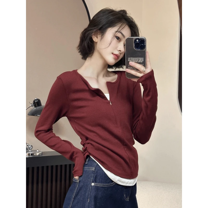 欧货不规则假两件长袖T恤女秋冬新款酒红色褶皱收腰显瘦打底上衣