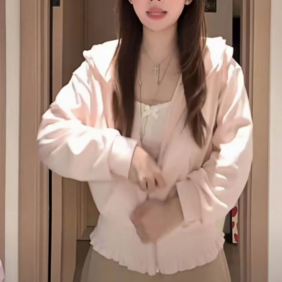 【木耳边连帽卫衣】拉链开衫外套女秋季短款宽松上衣时尚甜美风