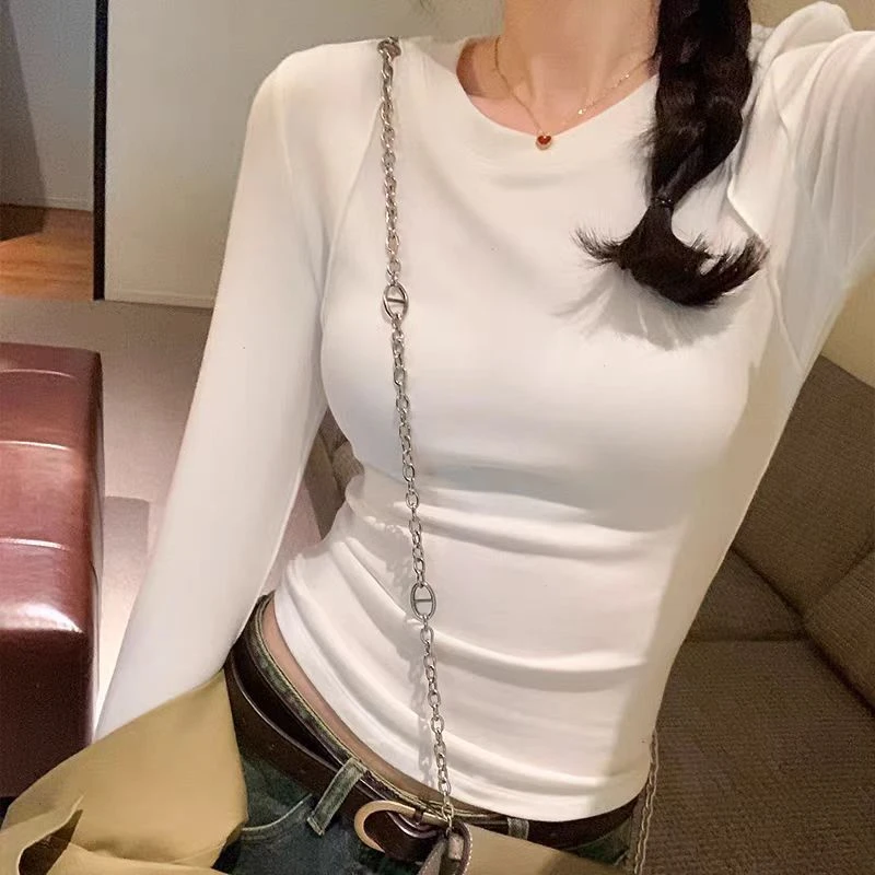 女长袖保暖纯欲风女秋季T恤白色不规则修身磨毛加绒打底