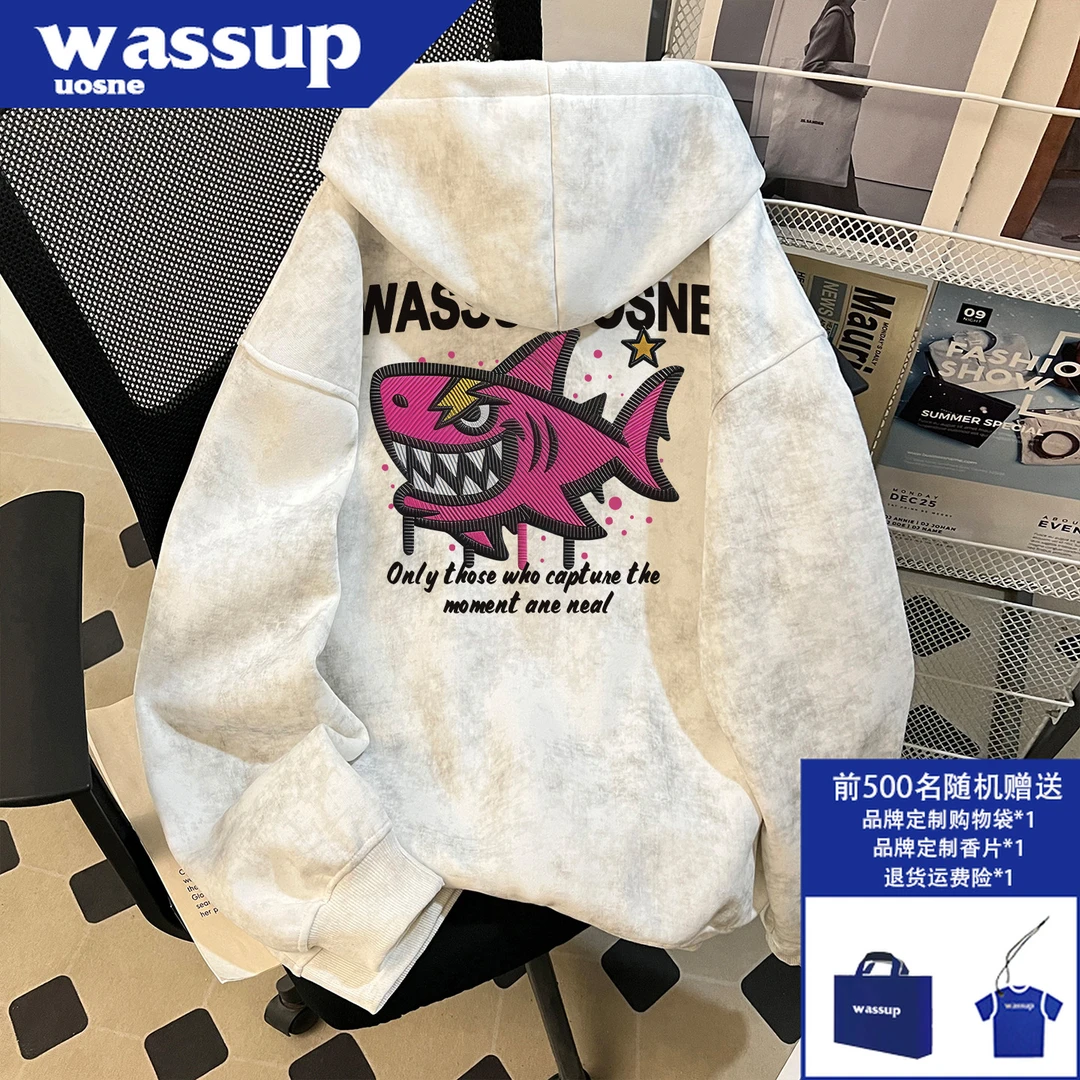 WASSUP UOSNE美式复古廓形卫衣男秋季新款boxy潮酷连帽拉链上衣服