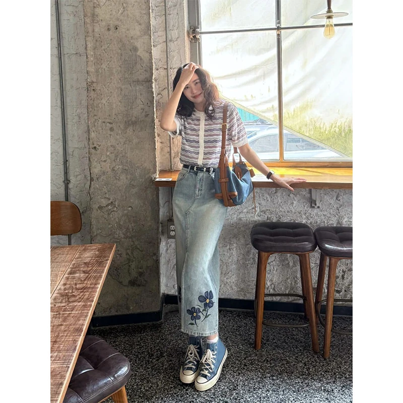 韩系温柔风休闲百搭小众气质减龄立领条纹短袖高腰直筒半身裙套装