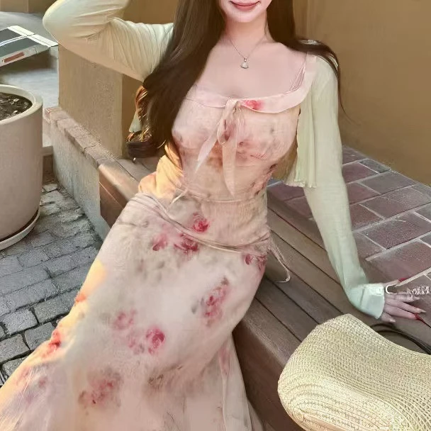 【李大饼】海边度假风晕染纯欲甜美碎花修身吊带连衣裙2862