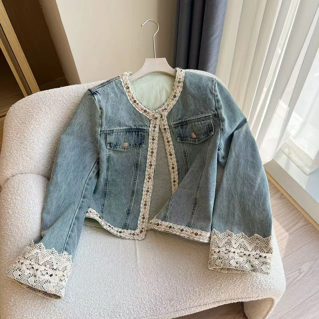 豆子推荐 77710 早春韩版复古做旧拼接蕾丝长袖牛仔外套洋气