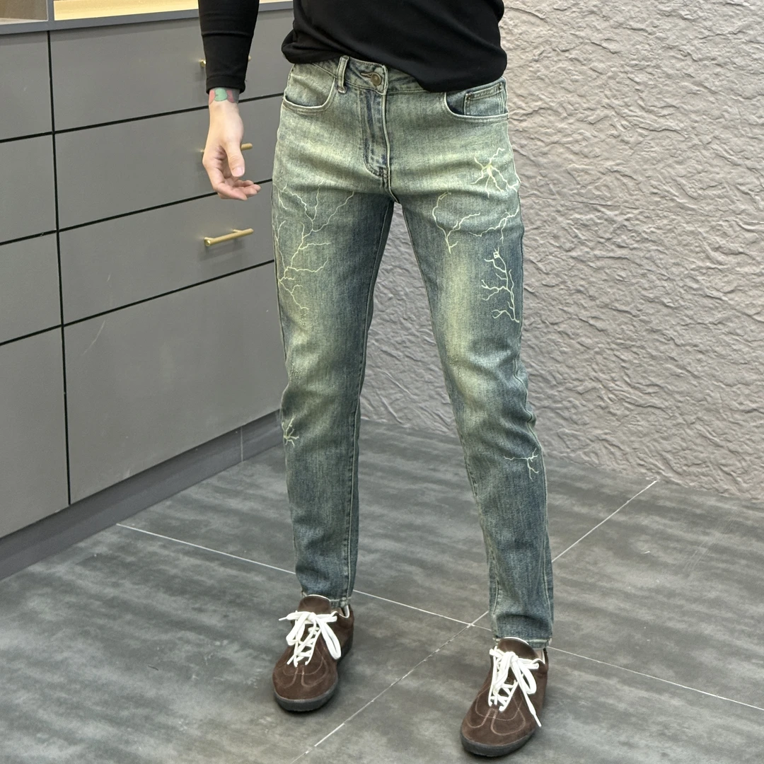 2025春季新款时尚百搭薄款男士渐变印花小脚牛仔裤XZ1357