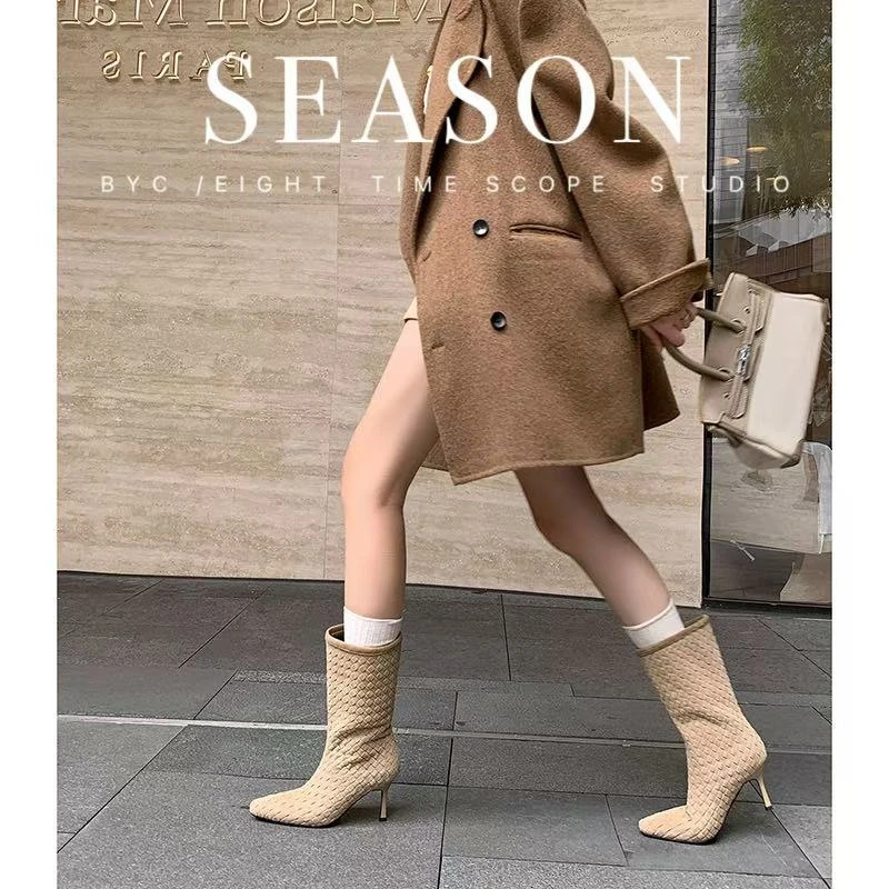 2025新款牛反绒时尚长筒靴堆堆靴高跟长靴时装靴瘦腿靴