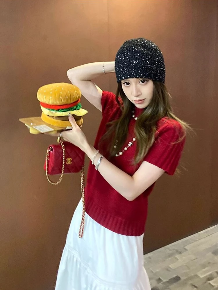 新年发财显白红色半高领短袖针织上衣女2025早春简约气质套头毛衣