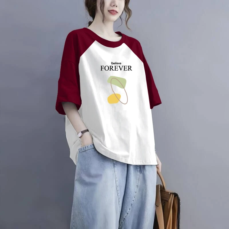 100%纯棉短袖t恤女士夏季新款宽松大码胖mm洋气拼接撞色半袖上衣