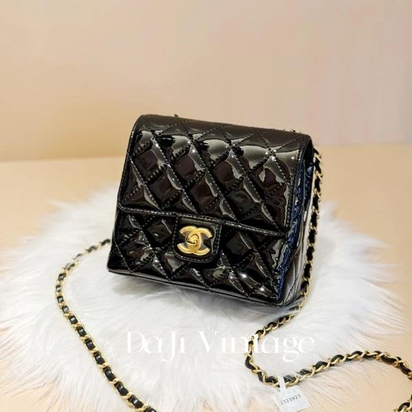大吉中古/Chanel香奈儿22K黑金漆皮方胖子斜挎包
