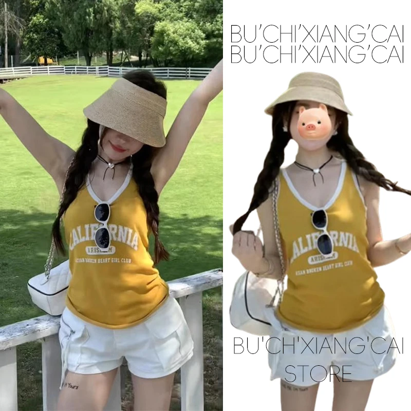 黄色字母印花冰丝针织吊带背心女夏外穿修身显瘦辣妹短款无袖上衣