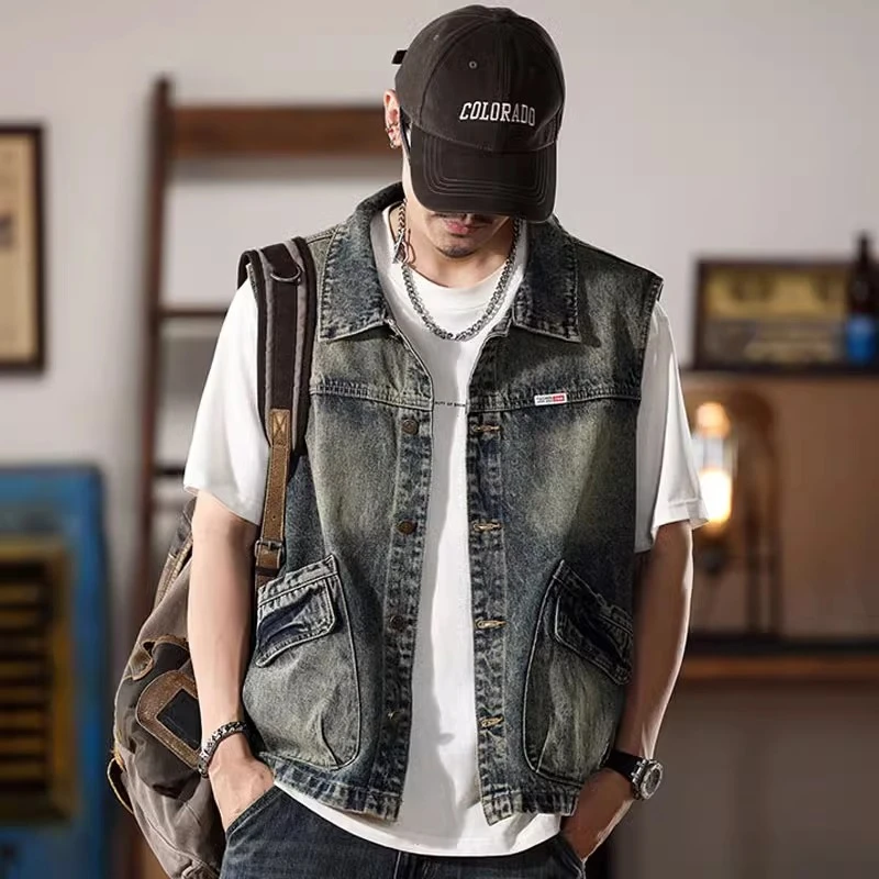 秋冬季牛仔马甲男士复古怀旧爆款无袖马夹坎肩工装大口袋外套百搭