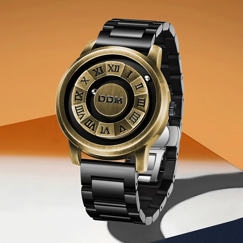 手表男时尚腕表黑科技磁力悬浮男款国潮男士皮带手表金色送男友