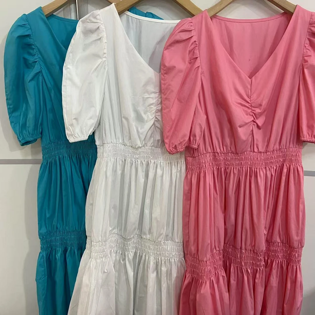 612/9628/125   法式收腰显瘦休闲连衣裙褶皱V领气质